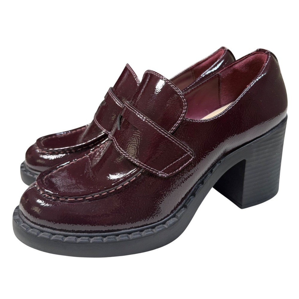 SO Burgundy Patent Penny Loafers 9 Dark Chunky Block Heel Comfort Officecore